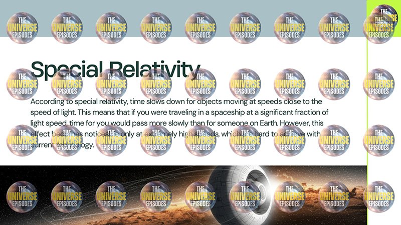 A text about special relativity is overlaid with circular logos of "The Universe Episodes," partially obscuring the content.