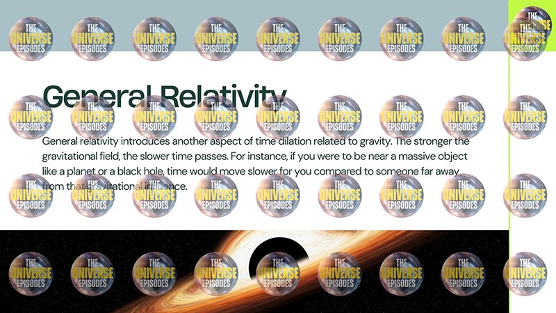 Text about general relativity and time dilation with repeated circular graphics labeled "The Universe Episodes." Background image of a black hole with light distortion.