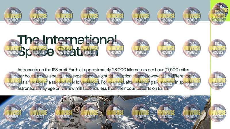 The image shows astronauts outside the International Space Station, with text discussing their speed and time perception in space. Logos with "The Universe Episodes" overlay the image.