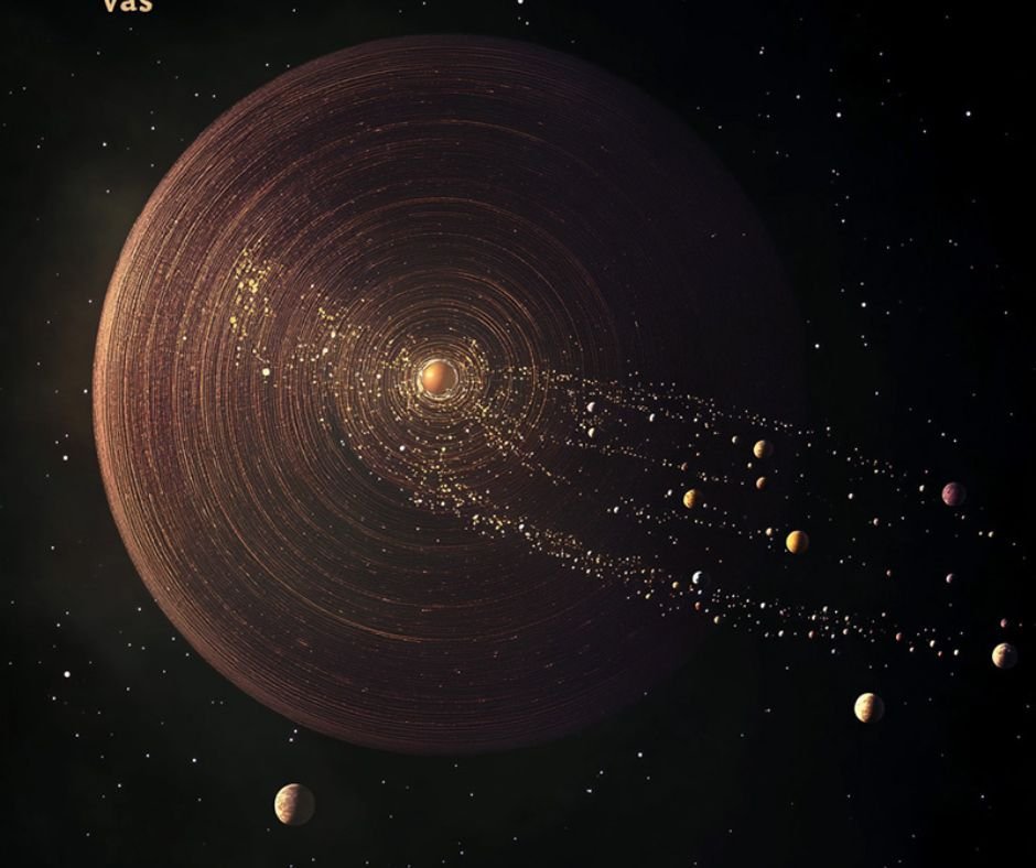 An artistic depiction of a solar system with concentric rings and various planets orbiting a central star.