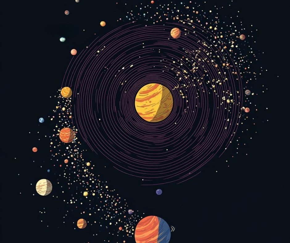 Artistic depiction of a solar system with planets orbiting a central sun, featuring colorful rings and scattered particles on a dark background.