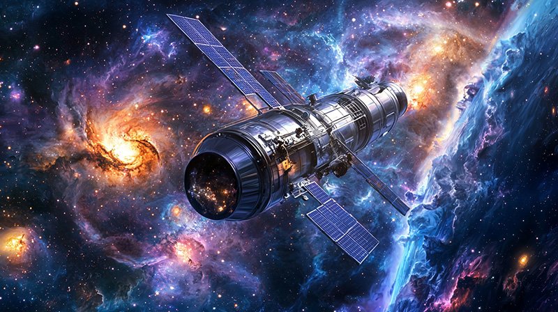 A space telescope with solar panels orbits against a colorful cosmic background, featuring galaxies and nebulae.