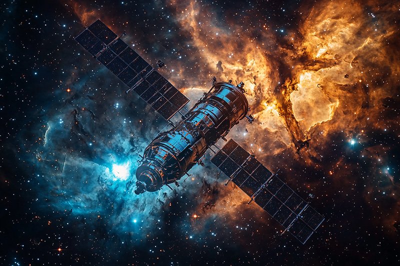 A satellite with solar panels orbits in space against a backdrop of colorful nebulae and stars.