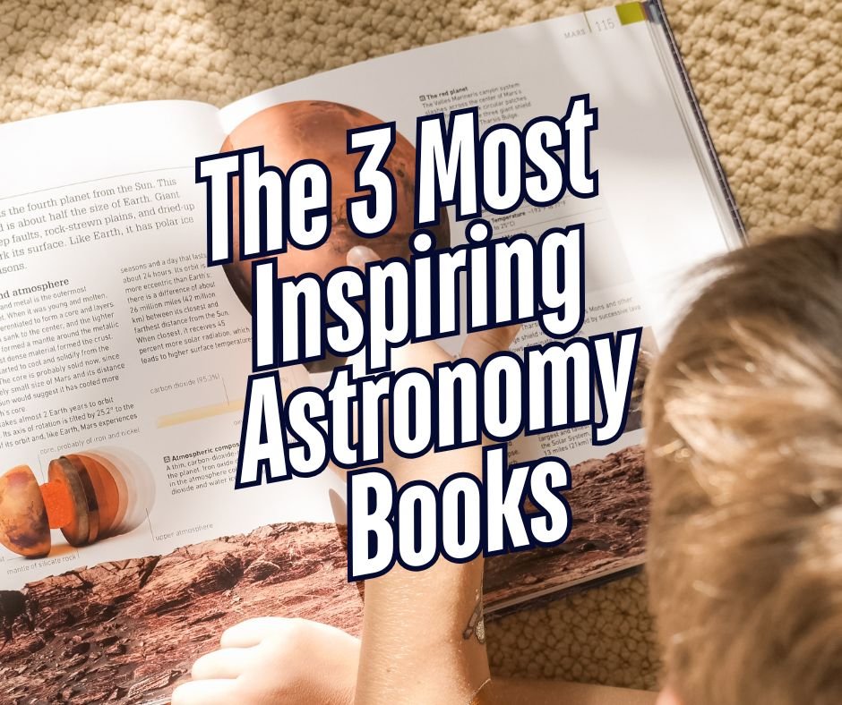 The 3 Most Inspiring Astronomy Books for Young Readers 3 A young reader sits on a cozy carpet, immersed in an inspiring book about astronomy. Text overlay: "The 3 Most Inspiring Astronomy Books.