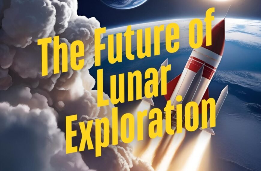 A rocket launching into space with Earth in the background symbolizes "The Future of Moon Missions.