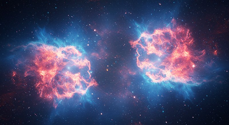Two nebulae with vibrant pink and blue colors against a starry background.