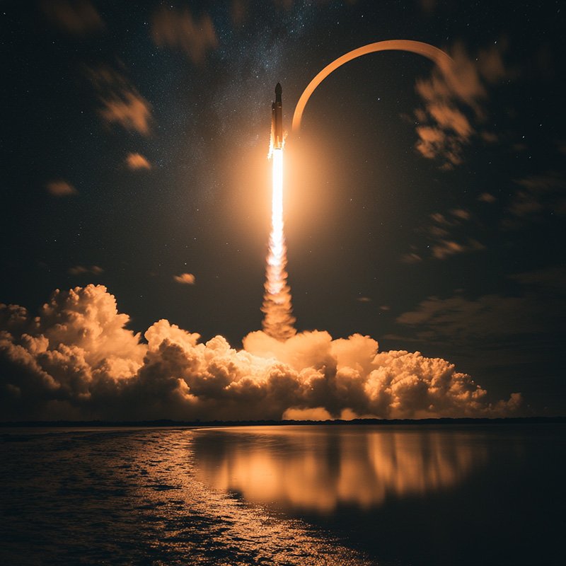 A rocket launching into the night sky, leaving a bright trail and illuminating surrounding clouds, with reflections visible in the water below.