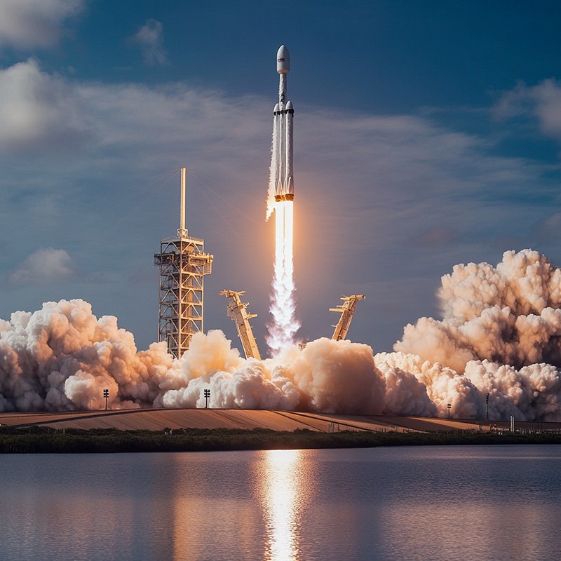A rocket is launching into a clear sky from a launch pad, with smoke and flames visible at the base, reflected in the water below.