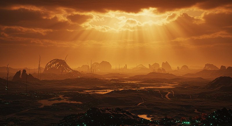 A surreal, barren landscape under a dramatic orange sky, with sun rays piercing through clouds, highlighting rugged terrain and scattered, organic structures.