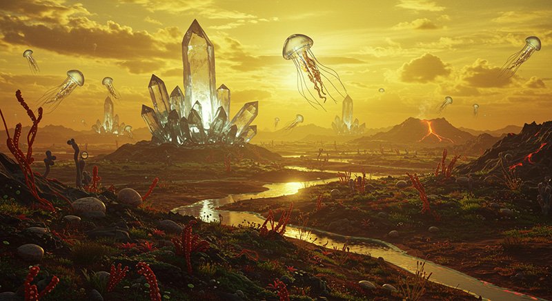 A surreal landscape with large crystals, floating jellyfish-like creatures, a winding stream, and a distant erupting volcano under a yellow sky.