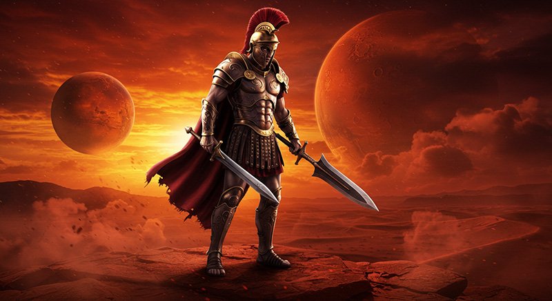 A warrior in Roman armor stands on rocky terrain, holding a spear and shield, with a red-tinted sky and two planets in the background.