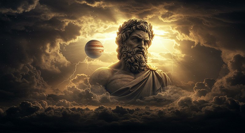 A majestic statue of a bearded man emerges from swirling clouds with a glowing planet in the background, illuminated by a dramatic light.