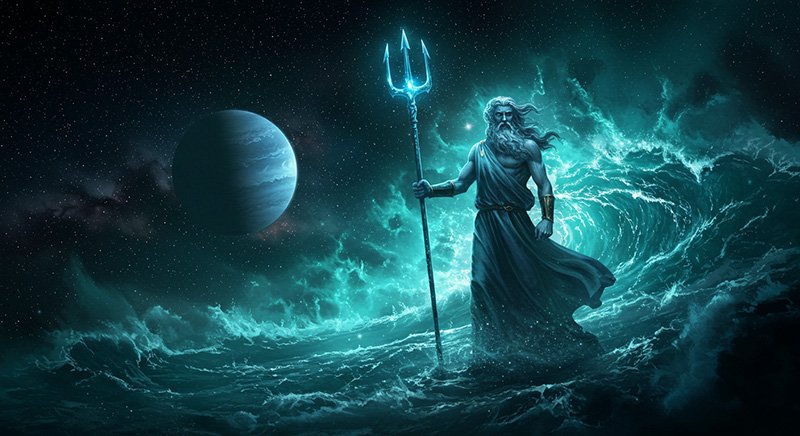 Mythical figure wielding a glowing trident stands on swirling ocean waves with a planet in the starry sky background.