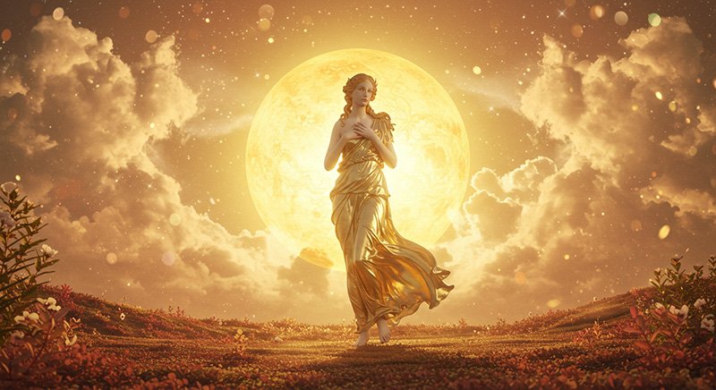 A woman in a golden dress stands in a grassy field under a large, glowing full moon, surrounded by clouds and illuminated by golden light.