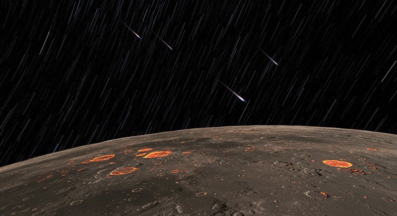 Meteor shower over the moon's surface, highlighting craters with glowing edges against a starry sky.