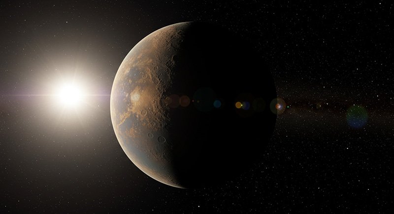 A planet partially in shadow with a star shining brightly in the background, surrounded by a star-filled space.