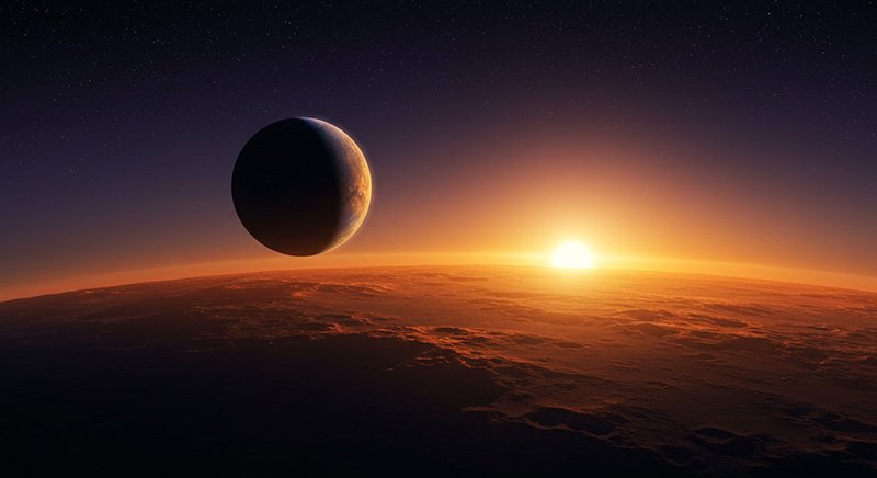 The sun rises over a distant planet's horizon with another celestial body visible against a starry sky.