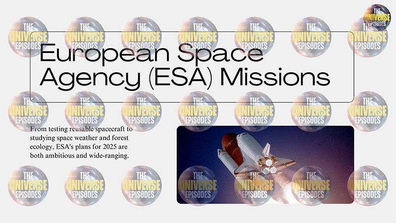 A collage of circular logos from "The Universe Episodes" and a central space shuttle launch image reads: "European Space Agency (ESA) Missions: Pioneering the Future of Space Exploration. Discover more in 'What will happen in 2025 in space?'.