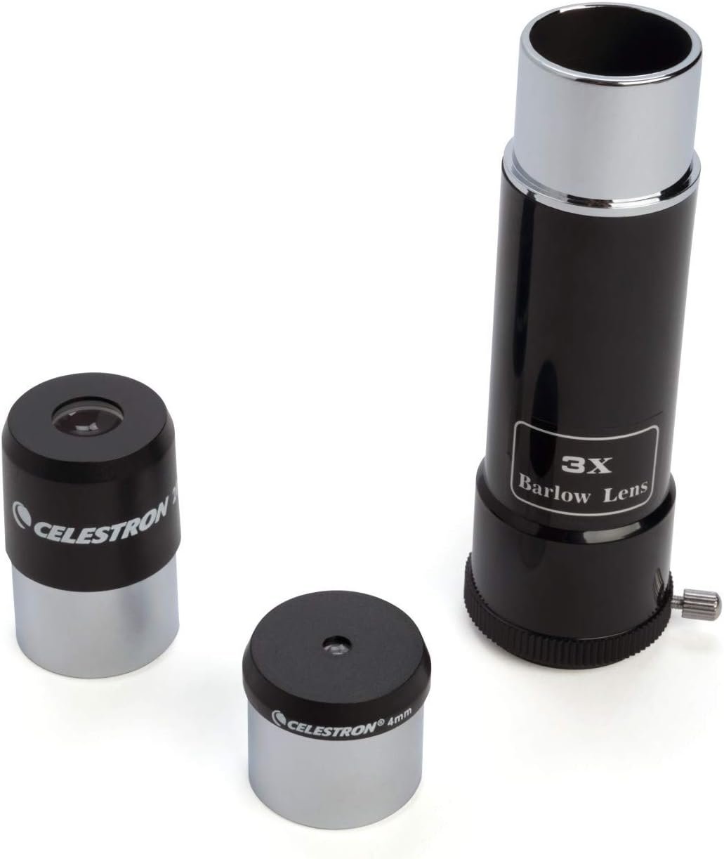 Three telescope accessories, including a 3X Barlow lens and two Celestron eyepieces, are arranged on a white background.
