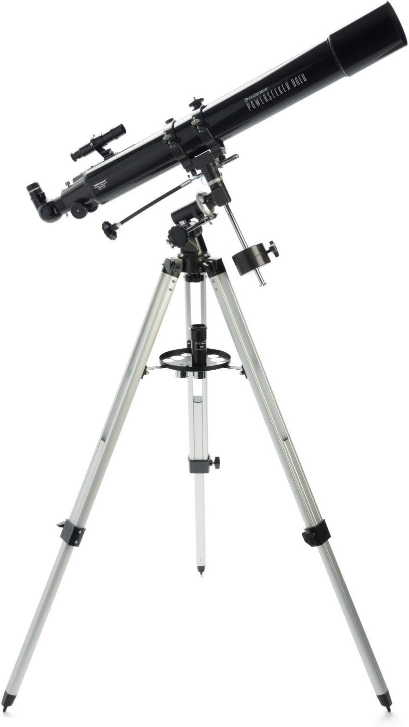A black refractor telescope mounted on a silver adjustable tripod with various adjustment knobs and a small accessory tray.