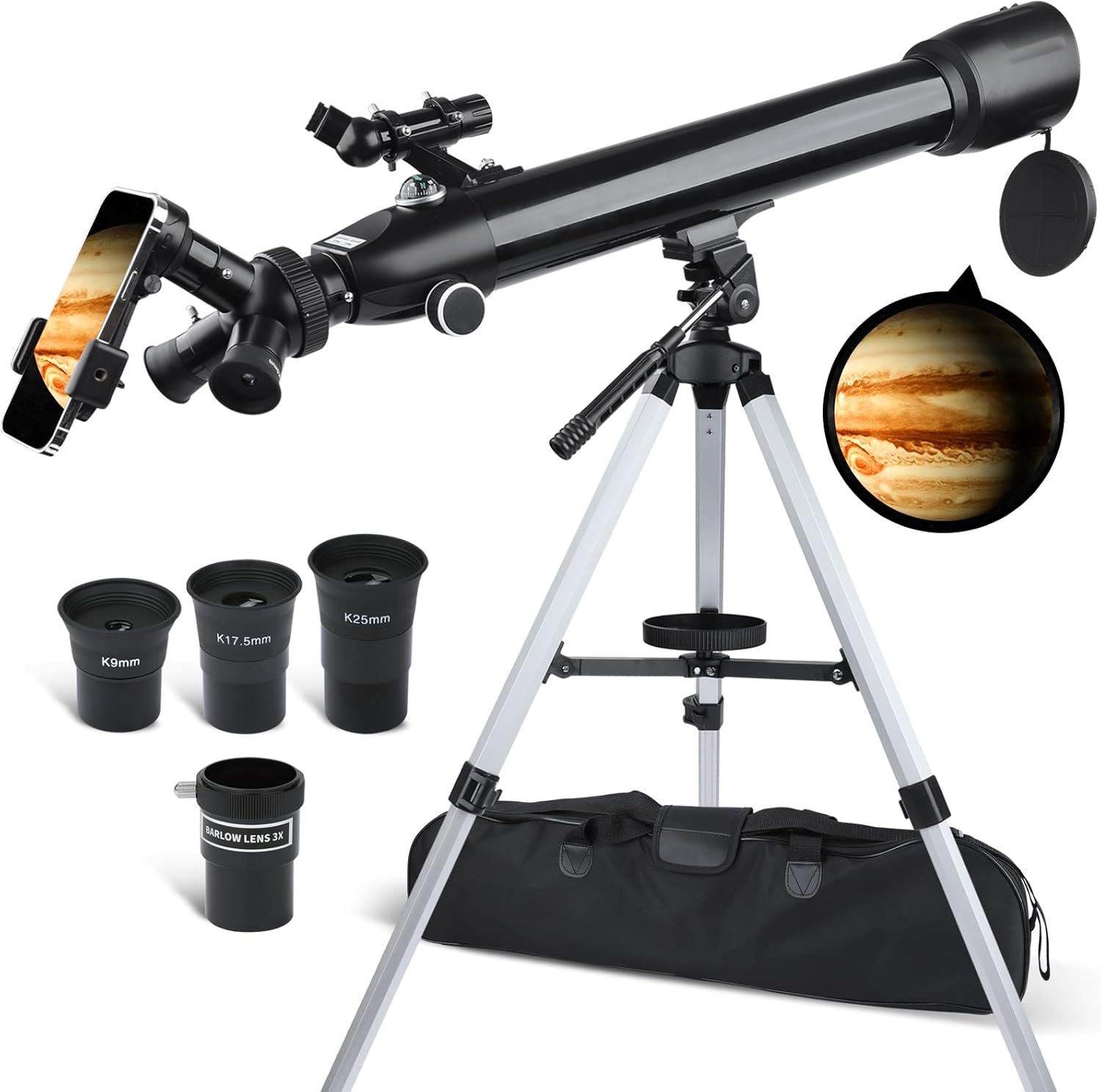 A black telescope on a tripod with various eyepieces, smartphone holder, and carrying case. An image of Jupiter is shown through the lens.