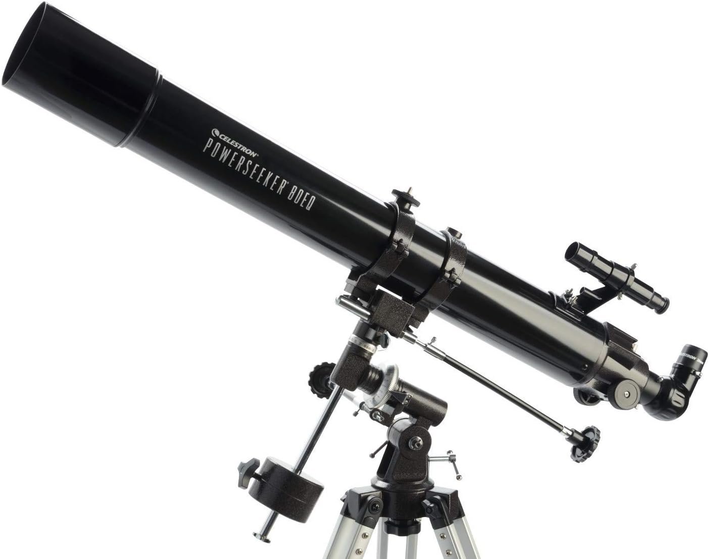 A black Celestron PowerSeeker 80EQ refractor telescope is mounted on a tripod with an attached finderscope and adjustment knobs visible.