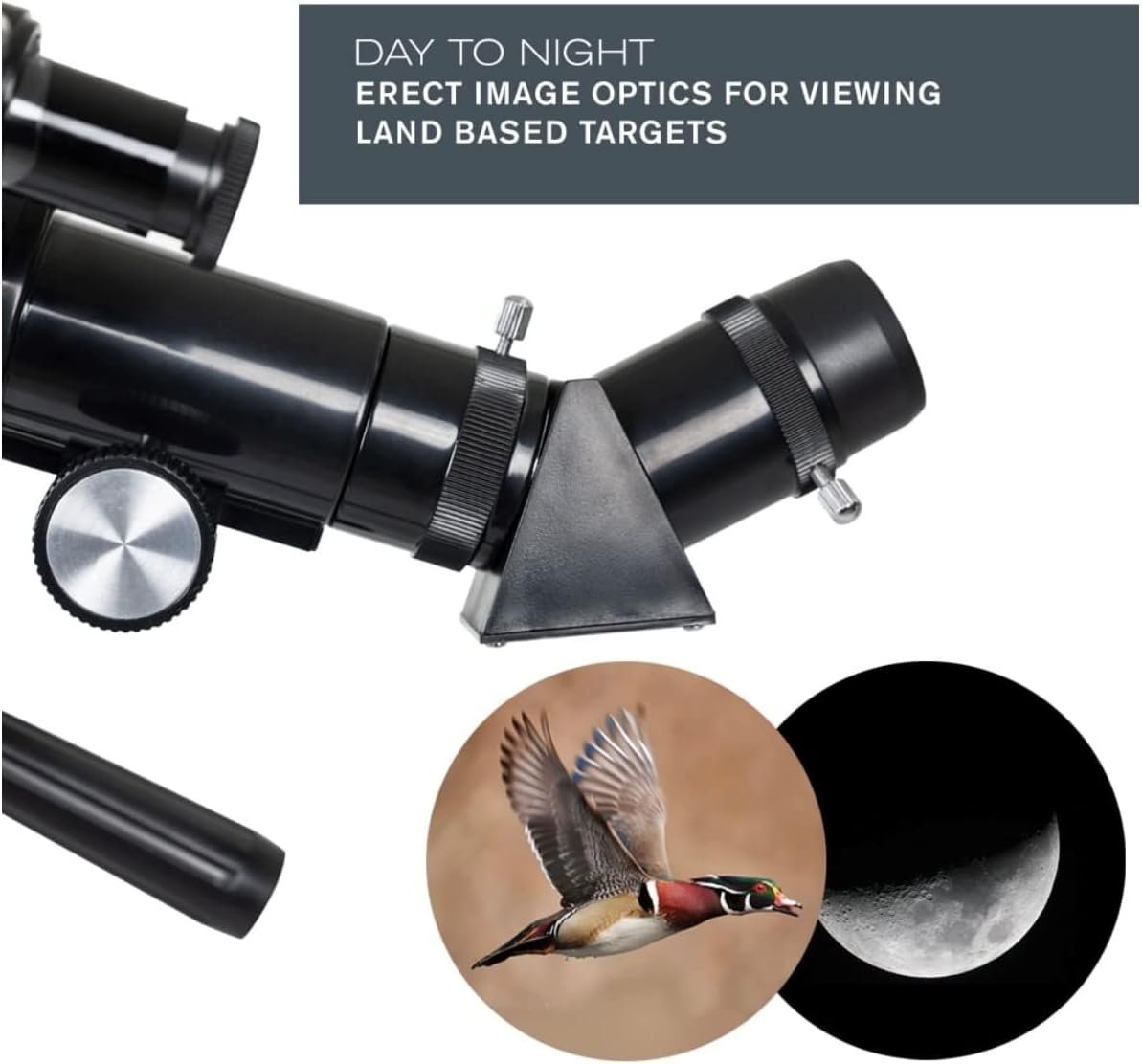 Close-up of a telescope's eyepiece with text about optics for land targets, and two circular insets showing a flying duck and a crescent moon.