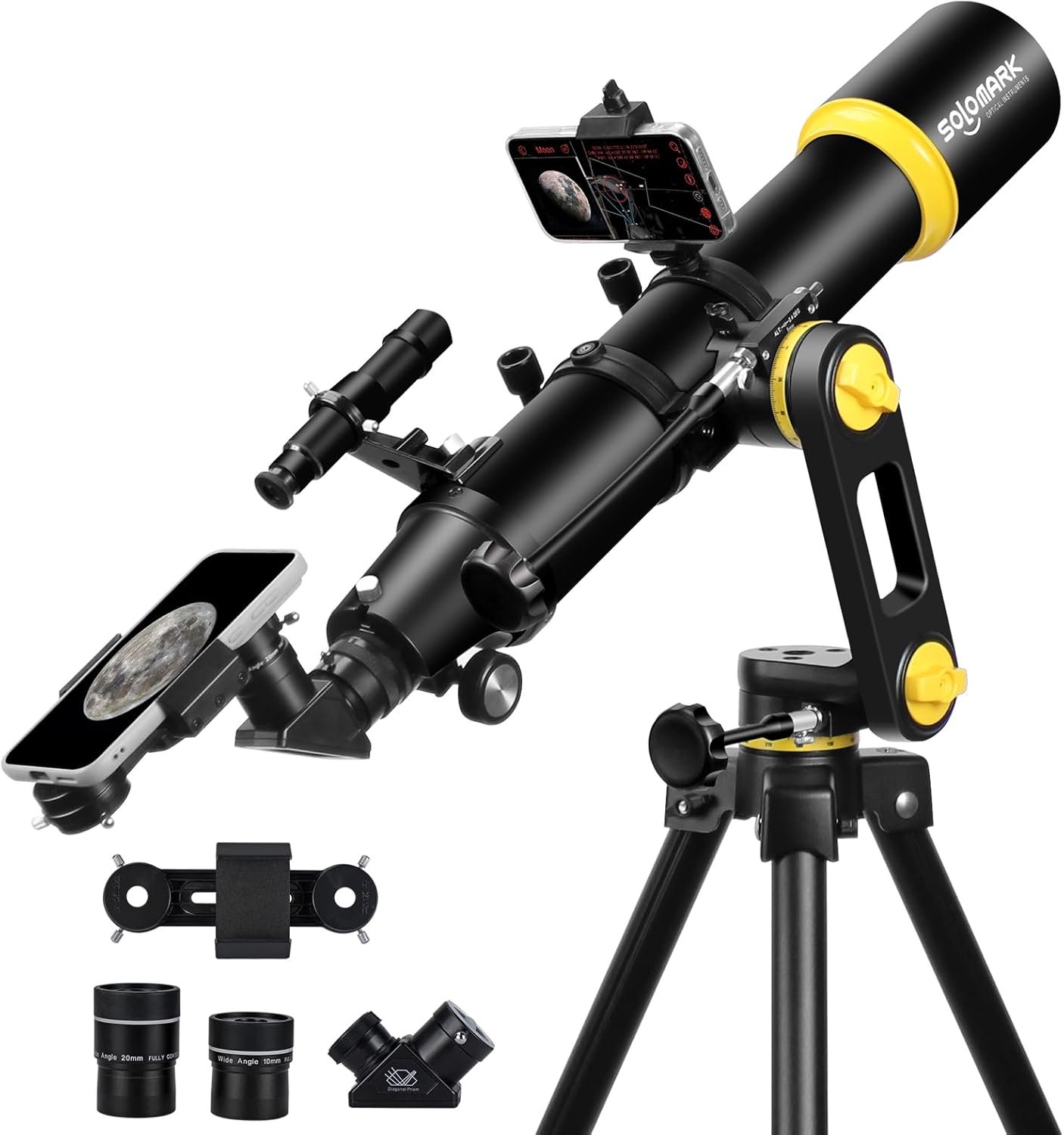 A black and yellow telescope on a tripod with multiple eyepieces and phone adapter.