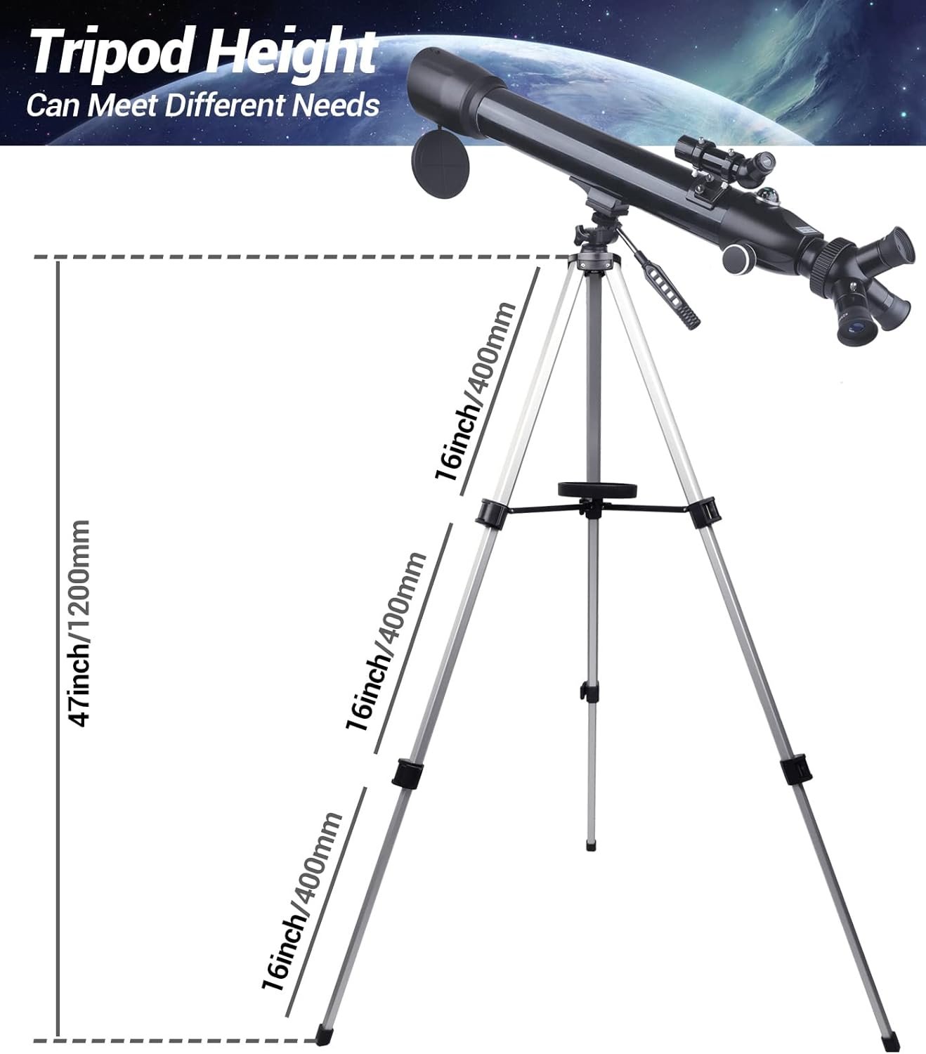 Telescope on a tripod, adjustable height: 47 inches (1200mm) max, sections: 16 inches (400mm). Space-themed background.