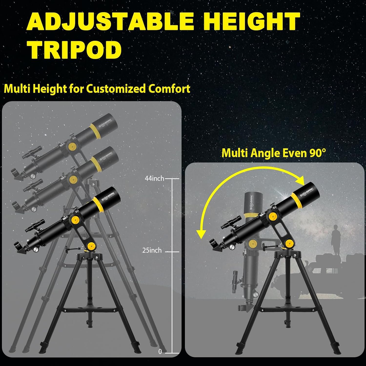 Telescopes on adjustable tripod stands with labeled heights and angles, set against a starry night backdrop.