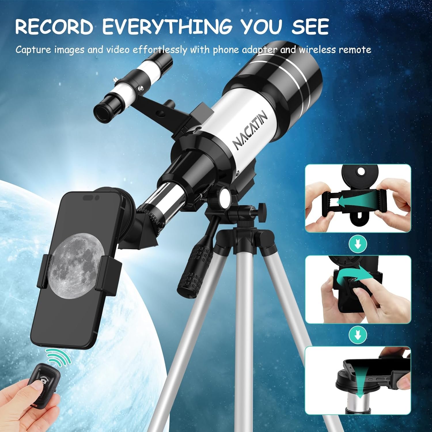 Telescope set with phone adapter on tripod, viewing the moon. Includes wireless remote and setup instructions. Text: "Record Everything You See.