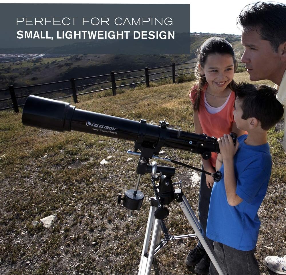 Two children and an adult use a Celestron telescope outdoors on a hilltop. Text overlay reads: "Perfect for camping. Small, lightweight design.