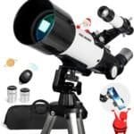 The black and white BrandName Telescope for Adults has a 70mm aperture, 400mm focal length, tripod, two eyepieces, carrying bag, smartphone adapter, remote, and features cartoon Saturn, Santa, and a red reindeer.
