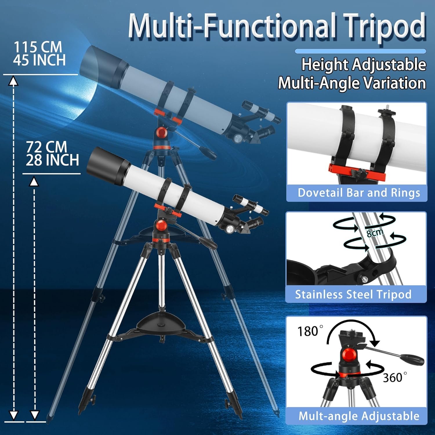 An infographic of a multi-functional tripod with telescope, featuring height details, dovetail bar and rings, stainless steel design, multi-angle variation, and 360-degree rotation capability.