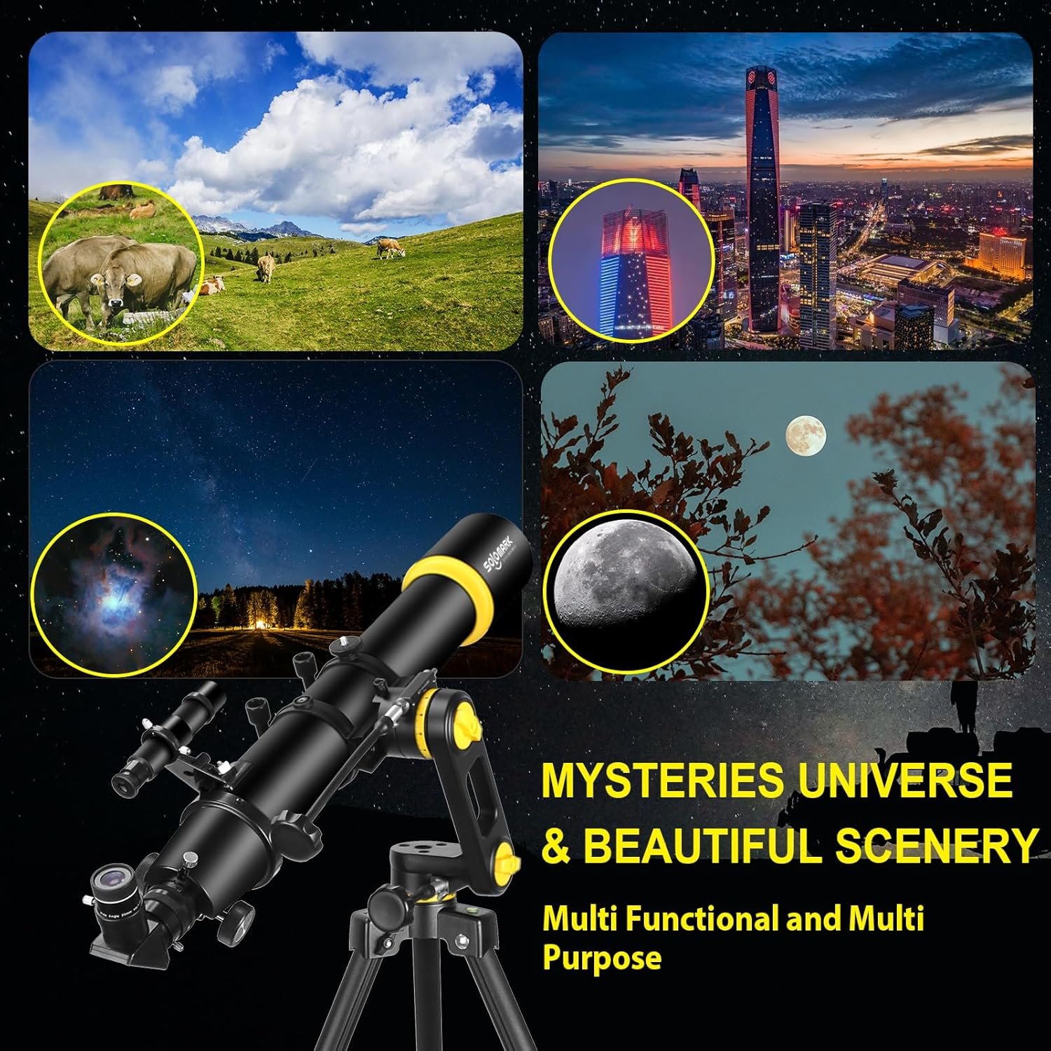Advertisement for a multifunctional telescope, showing images of cows in a field, a city skyline at night, a starry sky, and a close-up of the moon. Text promotes exploring the universe.