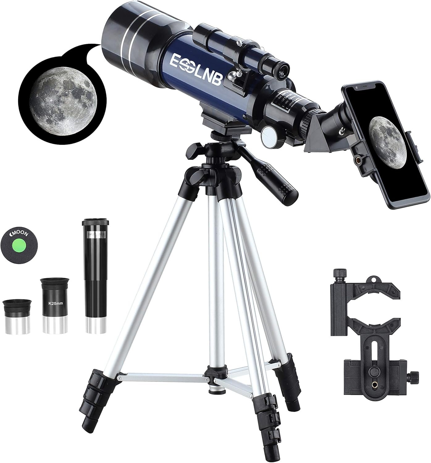 A blue and black telescope on a tripod is shown with eyepieces, attachments, and a phone mount displaying a magnified image of the moon.