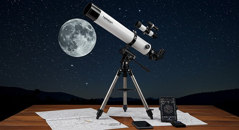 A telescope on a wooden table with star charts, a smartphone, and a tablet. A full moon and starry sky are visible in the background.