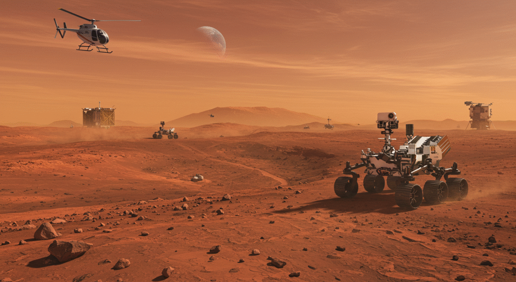 What planet is closest to Earth? 1 A Mars landscape featuring rovers, landers, and a helicopter under an orange sky with a distant planet visible in the background prompts the question: what planet is closest to Earth?.