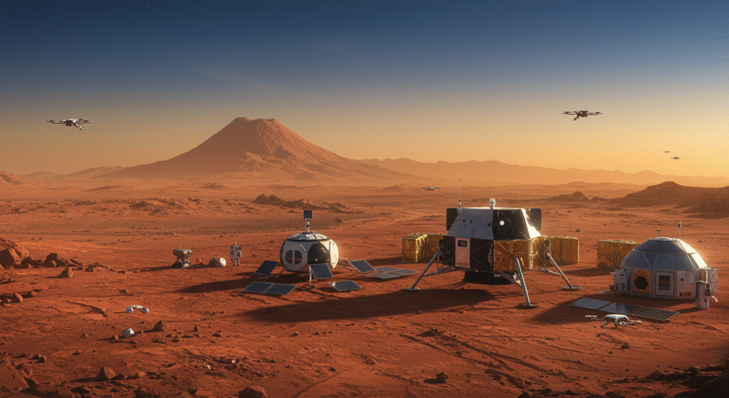 What planet is closest to Earth? 2 A Mars colony with multiple habitats, solar panels, and drones operates on a rocky red landscape beneath a clear sky—reminding us that Mars is the planet closest to Earth in our quest for interplanetary exploration.