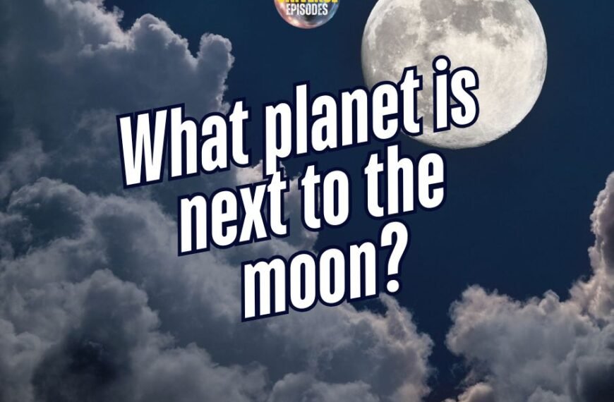 A full moon peeks through clouds in the night sky. Text on the image asks, "What planet is next to the glowing moon?" A circular logo sits prominently at the top.