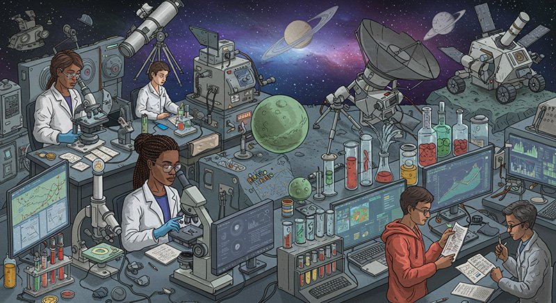 Scientists work at desks with lab equipment, computers, and telescopes, analyzing data and samples; planets, satellites, and space imagery appear in the background.