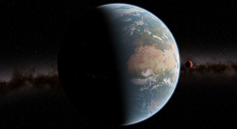 A view of a planet resembling Earth, partially in shadow, with visible continents and clouds; a smaller reddish planet appears nearby against a background of stars.