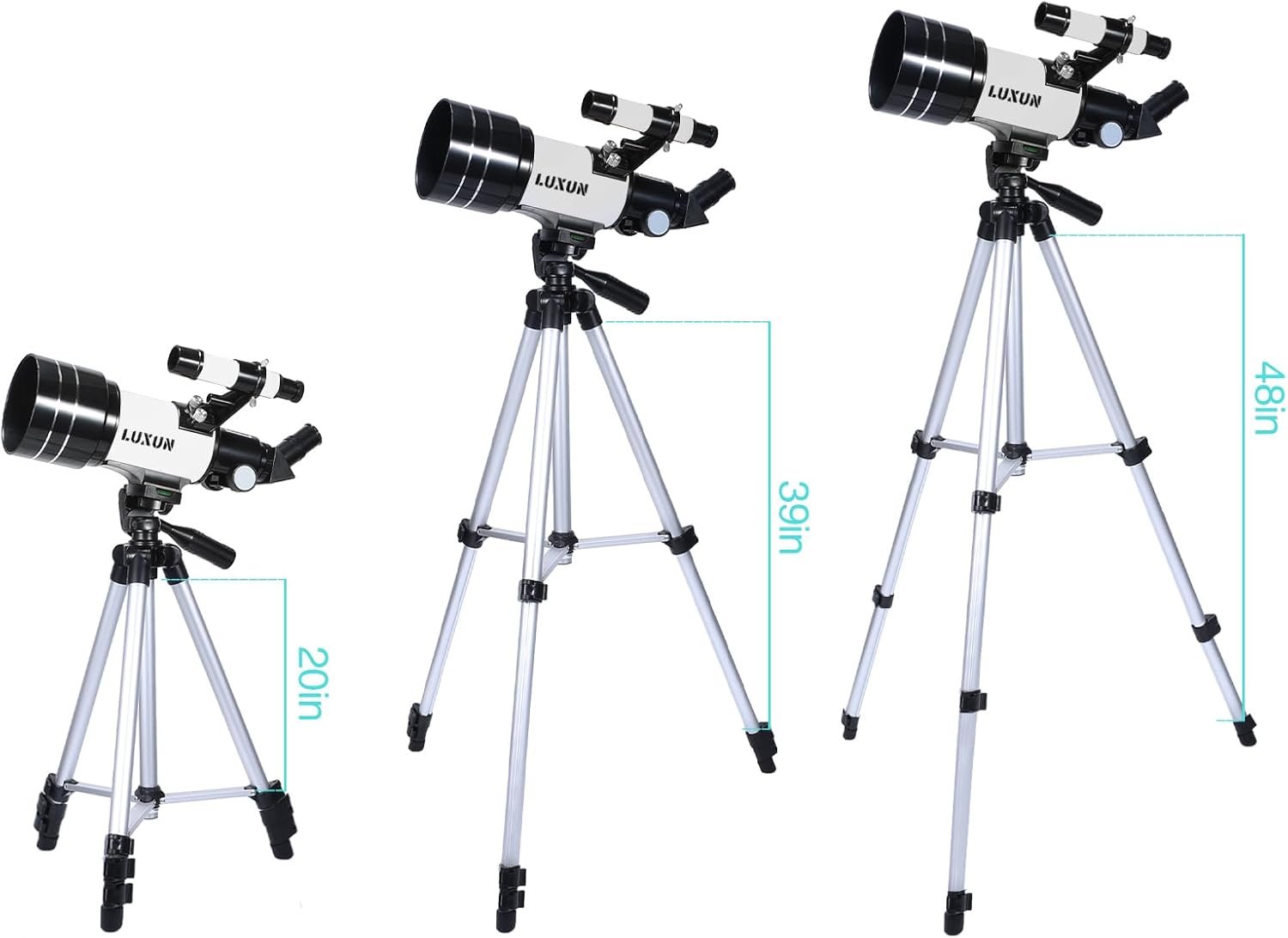 Three telescopes on adjustable tripods are shown at different heights: 20 inches, 39 inches, and 48 inches, each labeled "LUXUN.