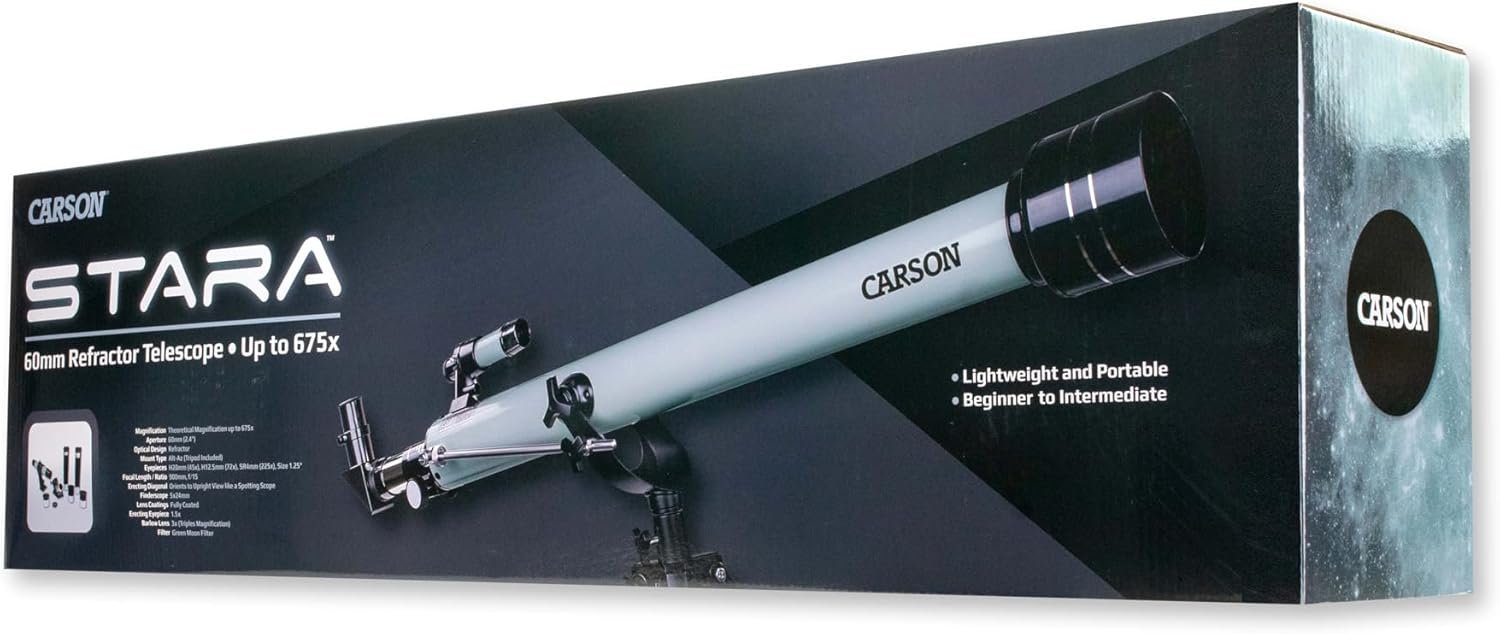 A box featuring the Carson STARA 60mm refractor telescope, labeled as lightweight, portable, and suitable for beginner to intermediate users.