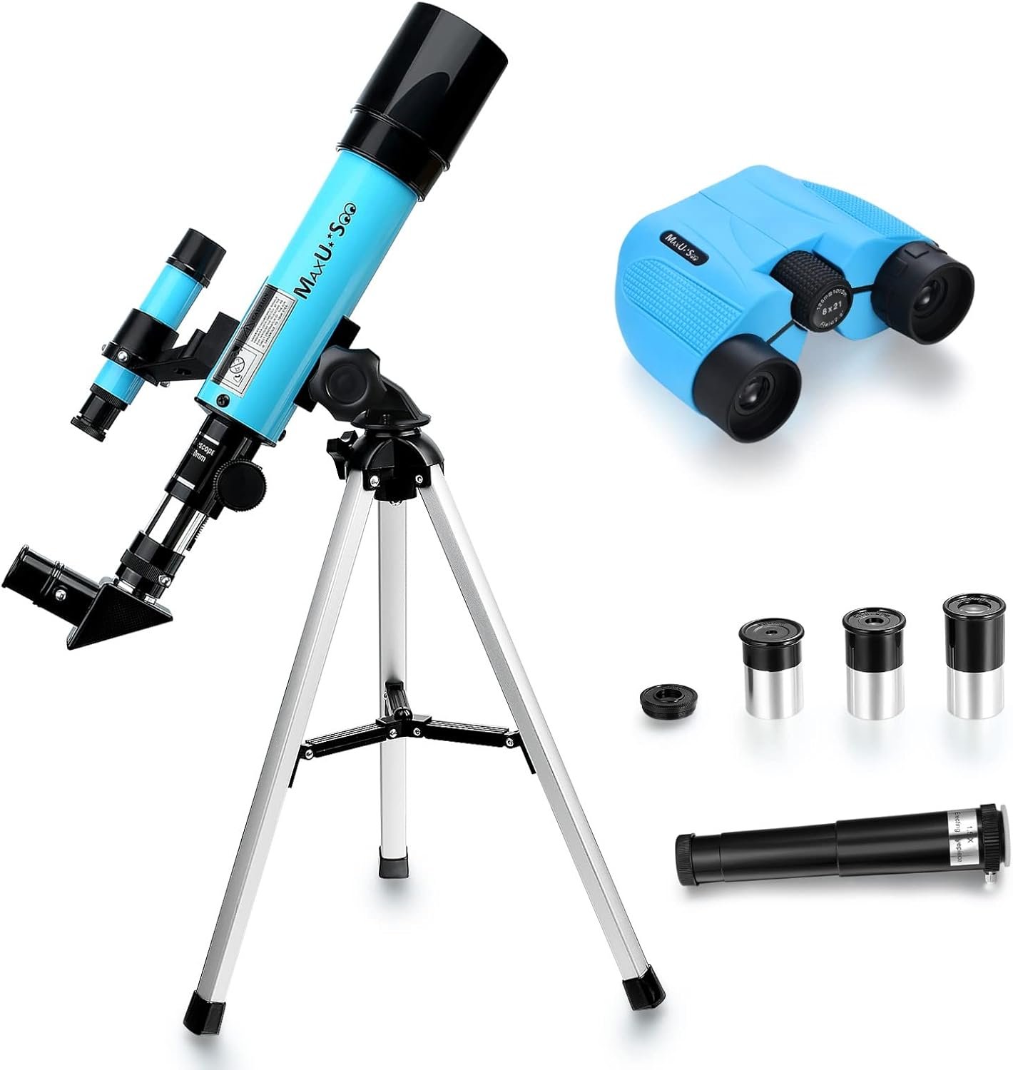 A blue telescope on a tripod with a finderscope, a pair of blue binoculars, three eyepieces, and an additional optical accessory displayed on a white background.