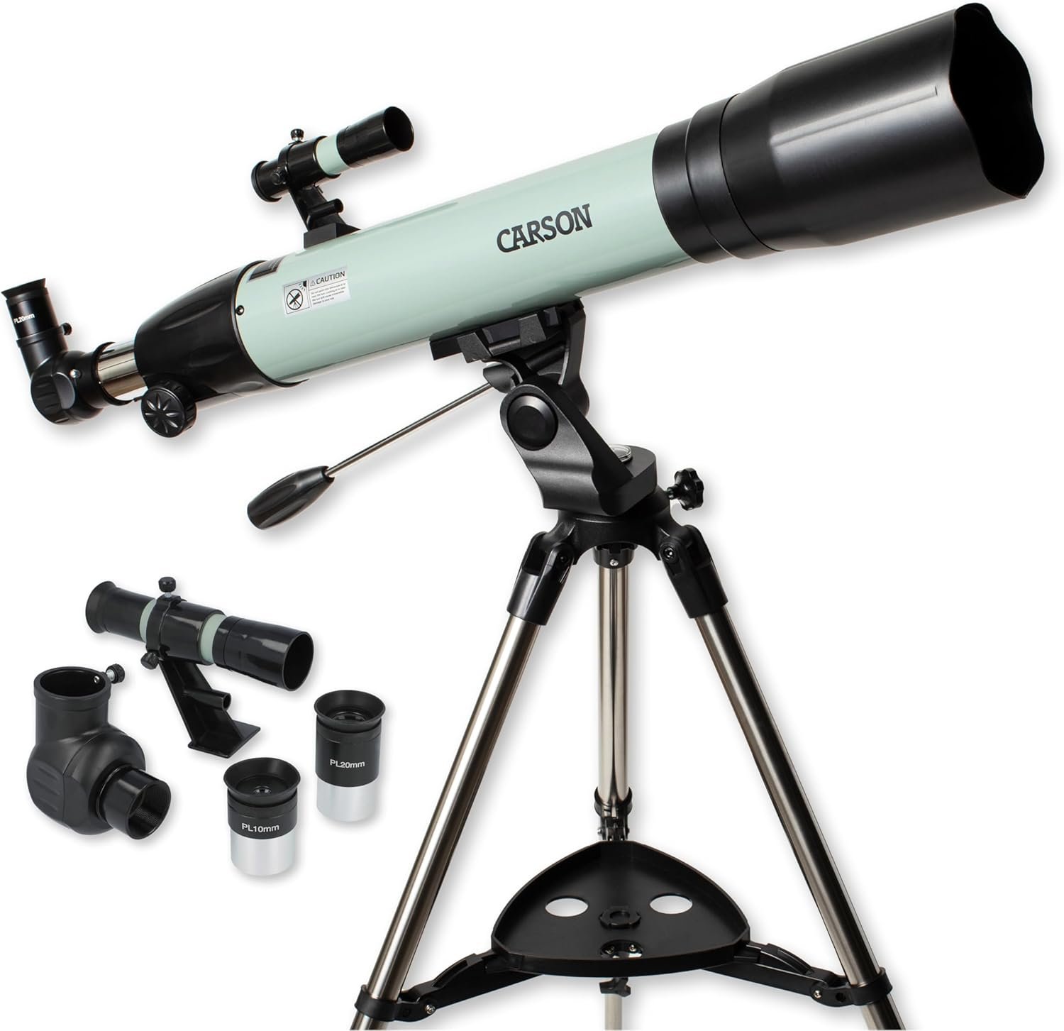A Carson refractor telescope on a tripod with additional eyepieces and a finder scope displayed beside it.