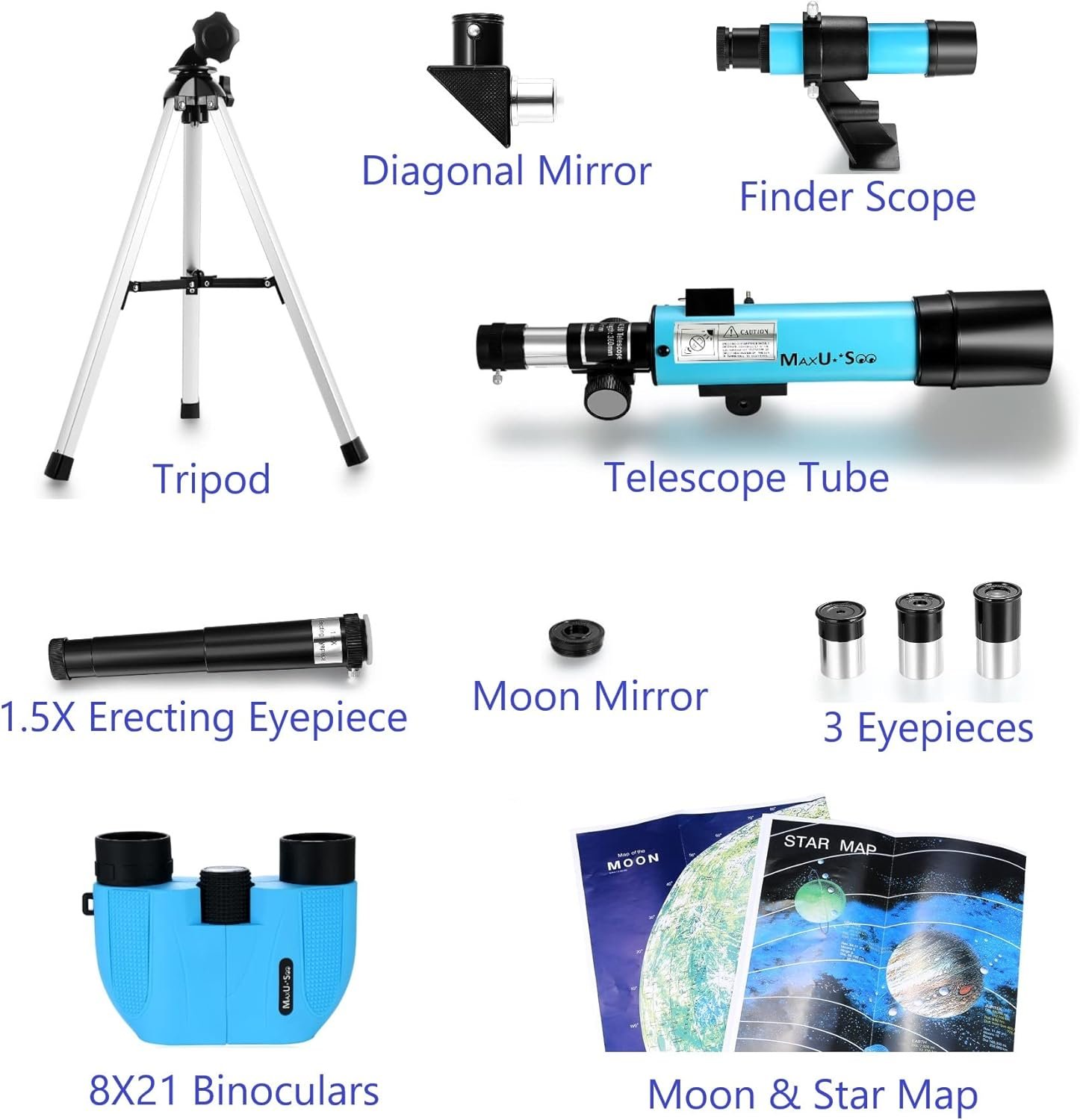 Parts of a beginner telescope kit shown labeled: tripod, diagonal mirror, finder scope, telescope tube, 1.5X erecting eyepiece, moon mirror, 3 eyepieces, binoculars, and moon & star map.