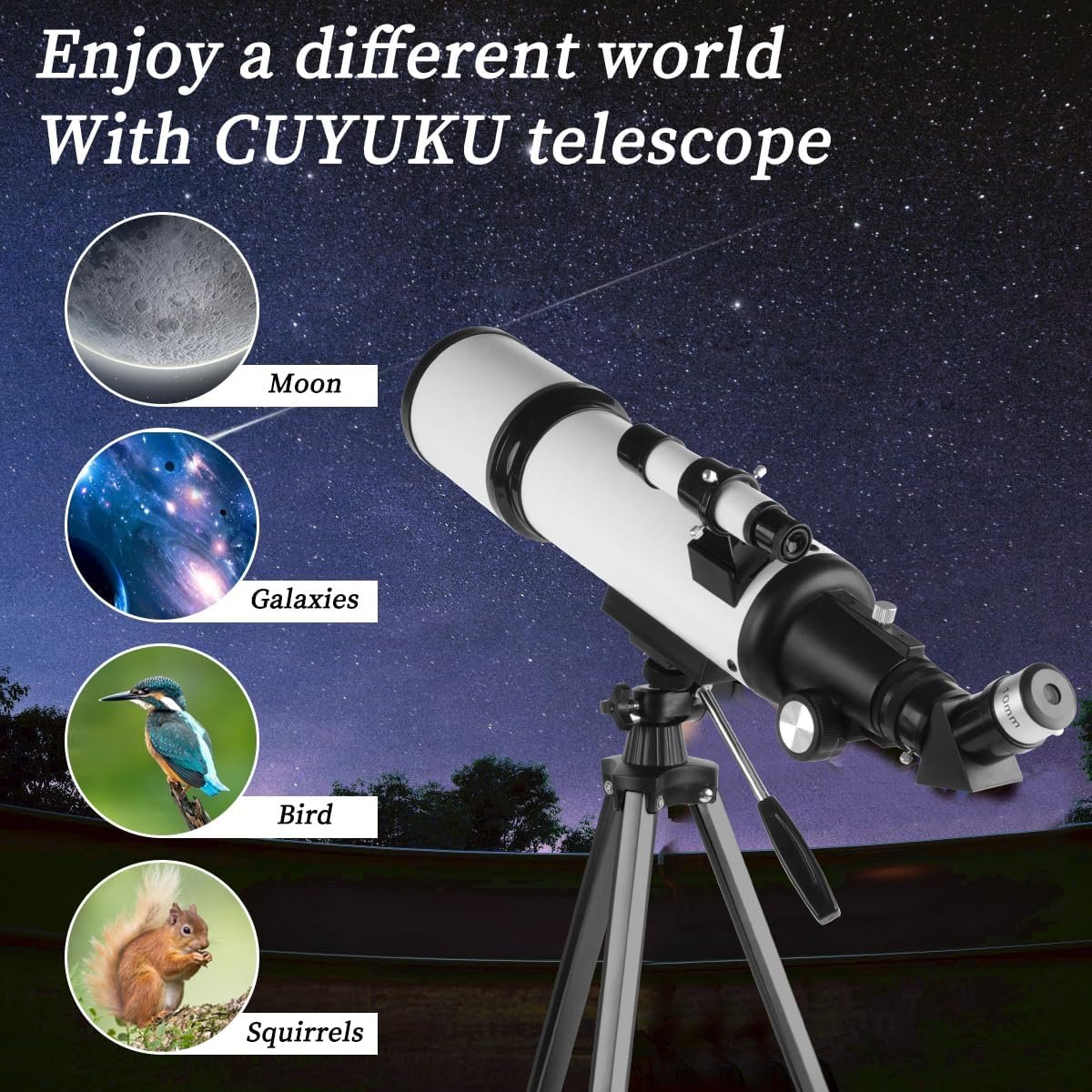 A white CUYUKU telescope on a tripod is displayed outdoors at night, with labeled images showing it can view the moon, galaxies, a bird, and a squirrel.