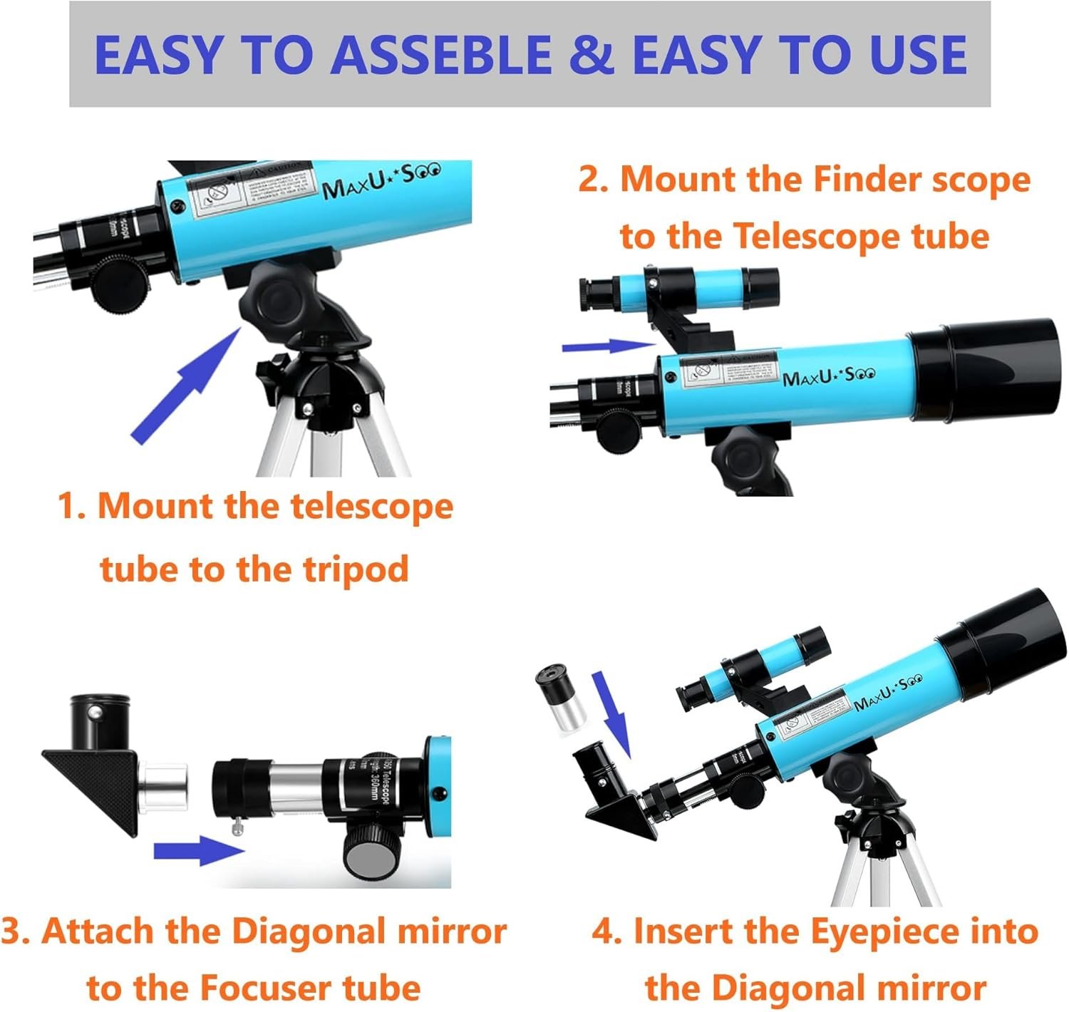 Instructional diagram showing how to assemble a blue telescope, with labeled steps and images: mounting to tripod, attaching finder scope, diagonal mirror, and inserting eyepiece.