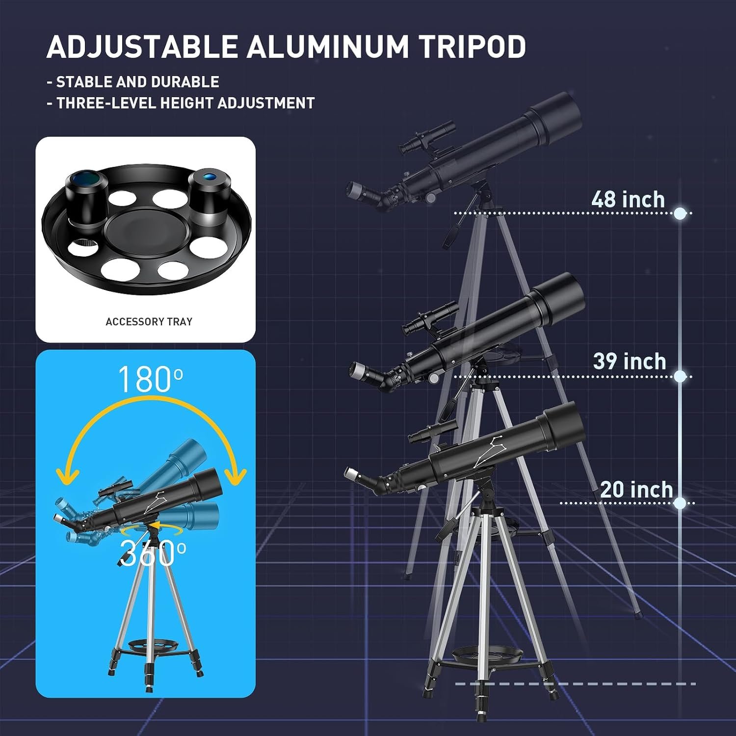 Diagram showing an adjustable aluminum tripod with a telescope, three height levels (20, 39, and 48 inches), accessory tray, and angle rotation details (180° vertical, 360° horizontal).